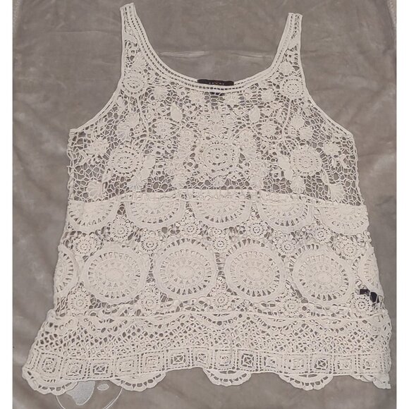 Fever Tops - Fever Cream Boho Crochet Lace Tank Top Medium Beachy Coverup